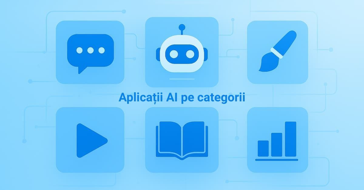 Aplicații AI esențiale și gratuite în 2025 3 Pictograme aplicații AI: chat, robot, editare foto, video, carte, analiză