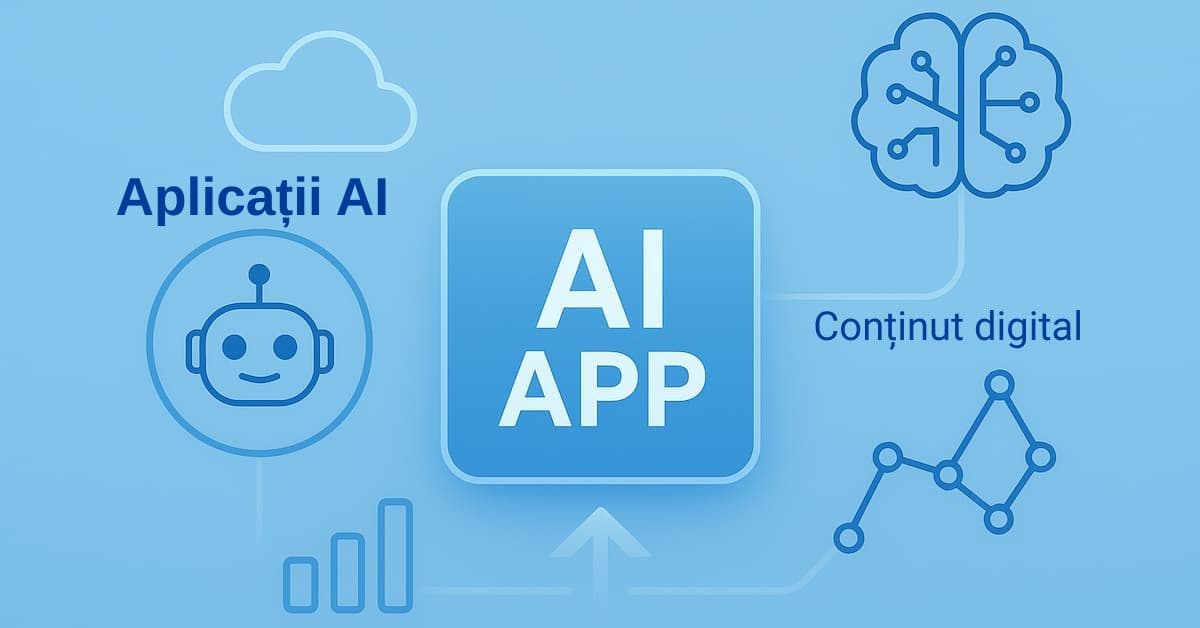 Aplicații AI esențiale și gratuite în 2025 2 Iconuri aplicații AI moderne: roboțel, creier digital, cloud și grafice
