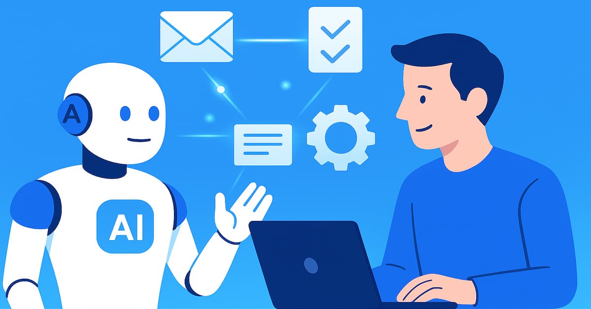 Ce este AI și cum o folosești zi de zi 2 Om și AI colaborând la laptop pentru productivitate crescută