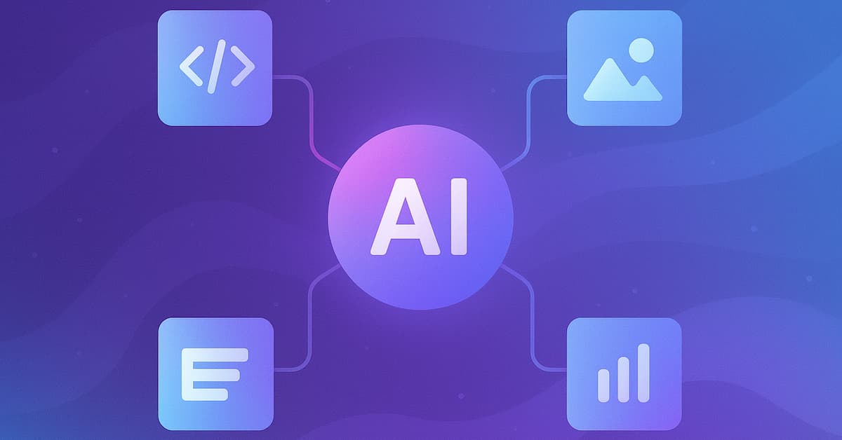 Google Gemini V2.5 2025: funcții și performanțe 3 Cerc AI central legat de iconițe pentru cod, text, imagine și sunet.