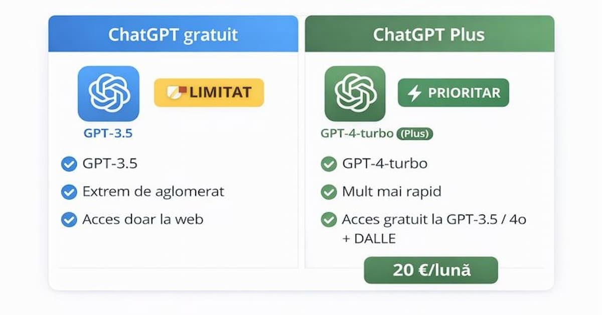 Comparație vizuală între ChatGPT gratuit și ChatGPT Plus cu diferențe de acces și funcții