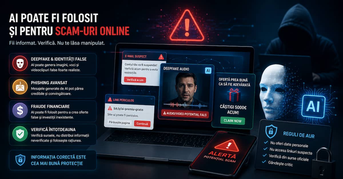 AI poate fi folosit pentru scam-uri online, phishing și conținut manipulat generat artificial
