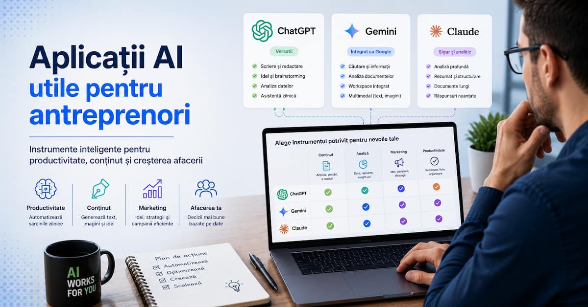 AI pentru firme mici folosit prin aplicații precum ChatGPT, Gemini și Claude pentru productivitate