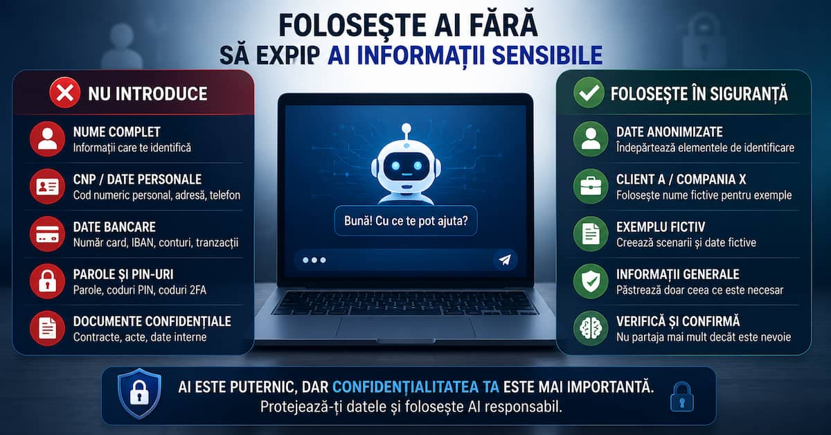 Cum protejezi informațiile sensibile în AI folosind date anonimizate și exemple fictive.