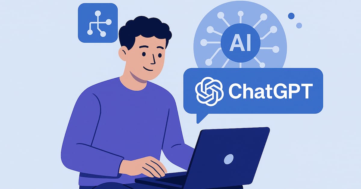 GPT 5 update: ce aduce nou GPT-5.2 în 2025 2 Ilustrație cu utilizator la laptop și elemente AI care ilustrează ChatGPT update în 2025